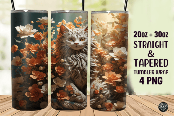 3D Flowers Cat Tumbler Wrap 20oz PNG Graphics and Tumbler Wraps