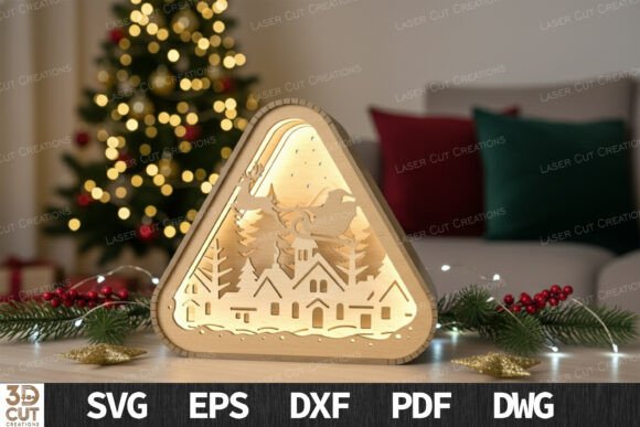 3D Santa Sleigh Triangle Light Box SVG for Laser Cutting & Winter Amp Projects