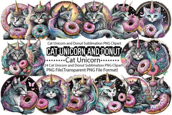 Cat Unicorn and Donut Sublimation Graphics for Print Templates