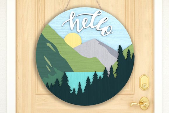 Hello Mountain Landscape Laser Cut Door Sign